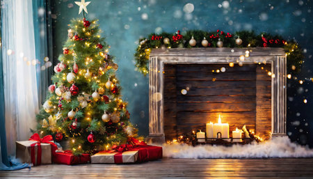 christmas tree with decorations near a fireplace with lightsの素材