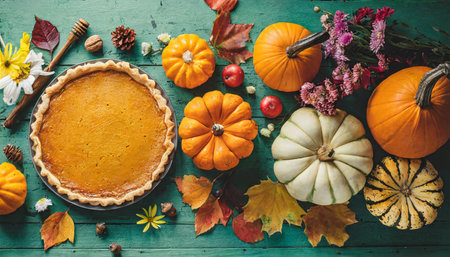 autumn thanksgiving moody background with pumpkin pie different pumpkins fall fruit and flowers on green rustic wooden table flat layの素材