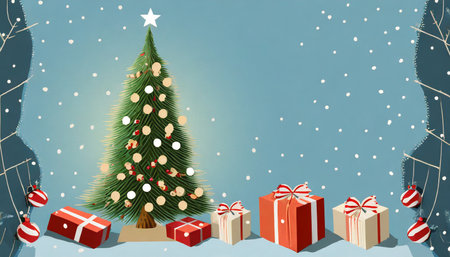 simple christmas tree and presents on light blueの素材