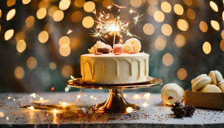 birthday cake on a stand decorated with a sweets sparklers on a backgrounds with lights bokeh generative aiの素材