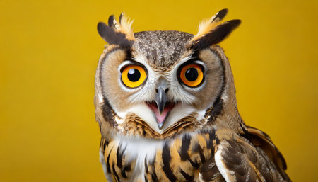 studio portrait of surprised owl on yellow backgroundの素材