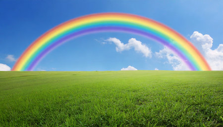 rainbow with green grass field over blue sky nature backgroundの素材