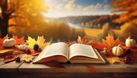 autumn scene an open book on a table good morning in the background ai generativeの素材