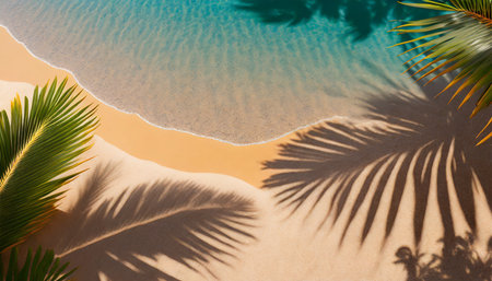 summer beach day scene with tropical palms shadow on sand background minimal sunlight tropical flat lay arrangementの素材