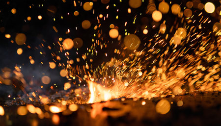 fire sparks with flames on black backgroundの素材