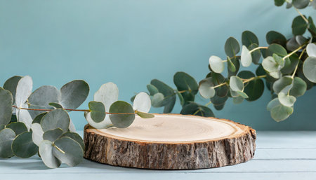 wood slice podium with eucalyptus leaves on blue background for cosmetic product mockupの素材