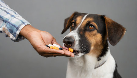 dog eating medication from owners hand with grey background close up chewable prescription such as dewormer or flea treatment administer medicine for dogs and puppies for intestinal wormsの素材