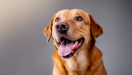 cute brown dog that smiles background close up indoors studio photo day light concept of care education obedience training and raising petsの素材