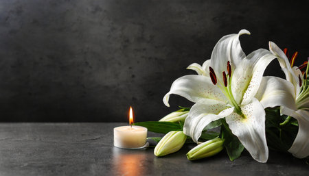 beautiful lily and burning candle on dark background with space for text funeral white flowersの素材