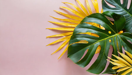 tropical leaves monstera and yellow palm on pink background with copy spaceの素材