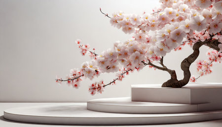 japanese style minimal cherry blossom white background for product presentation 3d rendering illustrationの素材