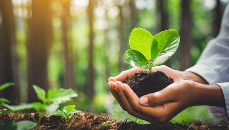 hands holding green heart leaves plant a planting trees loving the environment and protecting nature nourishing the plants and world look beautiful forest conservation conceptの素材