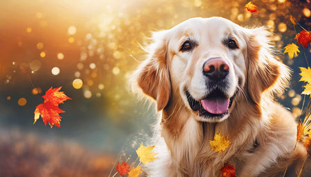 happy golden retriever dog on autumn nature background wide web banner autumn activities for dogs fall care advice for dogs preparing dog for walks in autumn and fireworksの素材