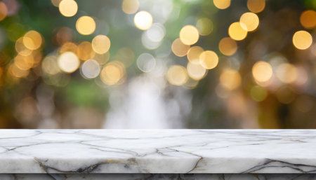 empty white stone marble table top and blurred abstract bokeh light banner background can used for display or montage your productsの素材