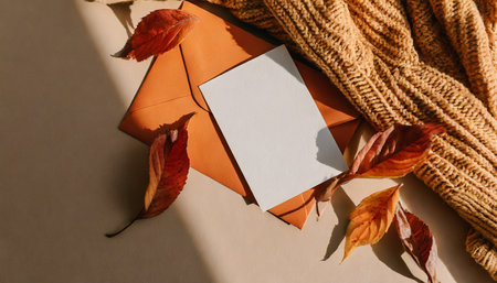 blank paper card mock up envelope brown fall leaves orange knitted textile on neutral beige background with aesthetic sun light shadow autumn business branding template wedding invitation designの素材