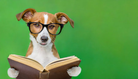 dog with glasses reads a book on a green background with space for text banner copyspaceの素材