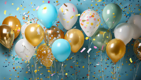 birthday party balloons with confetti on light blue background generative aiの素材