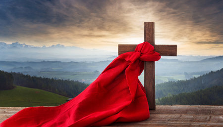 wooden cross of jesus covered with red shawl lent season and religion conceptの素材