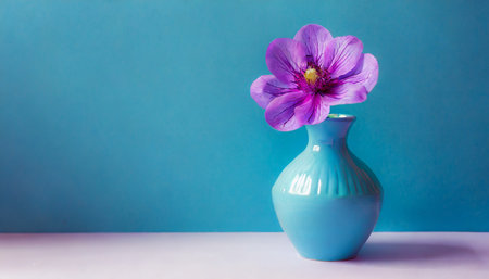 a minimalistic blue vase with a purple flower in the background is a design in blue and purple place for text generative aiの素材