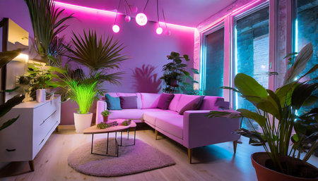 the interior of the living room with a sofa and indoor plants at night with pink neon lightingの素材