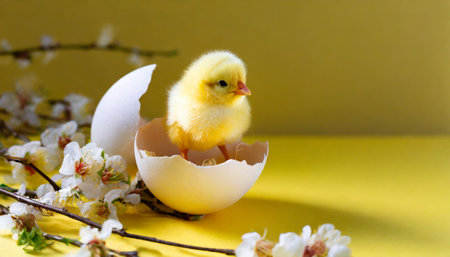small yellow chicken in a shell on a yellow background postcard with copy space easter conceptの素材