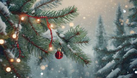 christmas tree branches with a garland against falling snowの素材