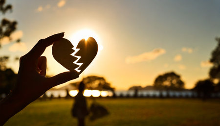 silhouette broken heart close up woman hand holding broken heart in the parkの素材