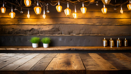 rustic empty wooden table vintage pub interior dark wood counter restaurant space abstract bar sceneの素材