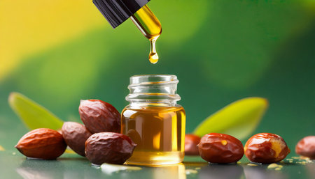fruits nuts jojoba oil drop falls into bottle vial close up macro on green and yellow background concept idea of cosmetic oils hair face body skin legs hands skincare healthcare organic generative aiの素材