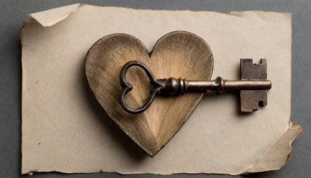 old key with a heart of wood on paper backgroundの素材