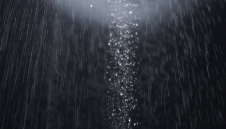 falling raindrops footage animation in slow motion on dark black background with fog lightened from top rain animation with start and end perfect for film digital composition projection mappingの素材