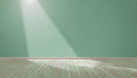 light green serenity interior background with glare on empty wall and wooden floor product presentation backgroundの素材