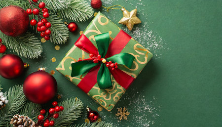 christmas day concept top view photo of big present box green red baubles gold star ornament pine cone mistletoe berries snow and fir branches on green background with empty spaceの素材