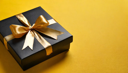 black gift box with bow on yellow backgroundの素材