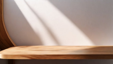 empty minimal natural wooden table counter podium beautiful wood grain in sunlight shadow on white wall for luxury cosmetic skincare beauty treatment decoration product display background 3dの素材