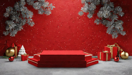 empty red background and stand display or shelf with studio for showing or design christmas concept blank backdrop made from cement material realistic 3d renderの素材