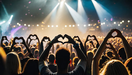 crowd of audience at during a concert with silhouette of a heart shaped hands shadow light illuminated is power of music concertの素材
