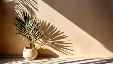 modern summer minimal of plant in sunlight with long shadows on beige wall background copy space interior lifestyle mediterranean sceneの素材