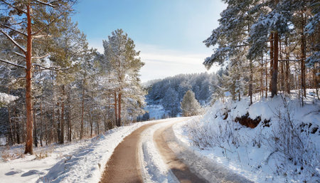 beautiful winter road in natural sunny parkの素材
