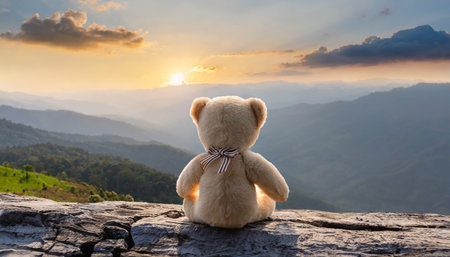 back view of teddy bear toy sitting with background of mountain view at sunsetの素材