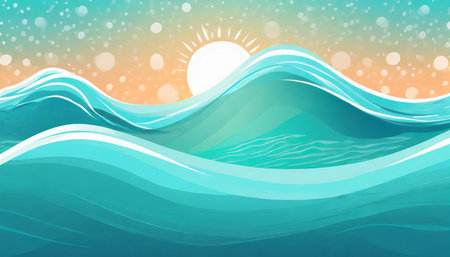 happy ocean water wave copy space for text blue teal turquoise cheerful cartoon wave for pool ocean beach party or travel web banner backdrop background graphicの素材