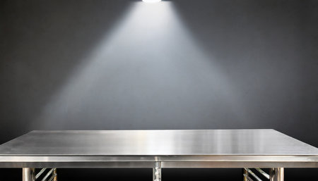 silver steel countertop empty shelf kitchen counter on gray background with spot light bar desk surface in foregroundの素材