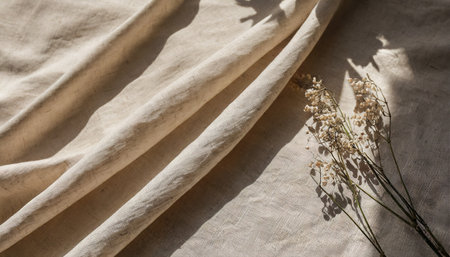 beige linen fabric texture with folds and natural floral sunlight shadows aesthetic summer wedding bohemian backgroundの素材