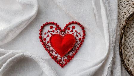 embroidered red heart on a white cloth top viewの素材