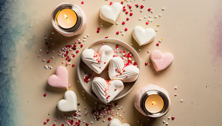 st valentine s day concept top view vertical photo of heart shaped candles marshmallow and sprinkles on light beige background with copyspaceの素材