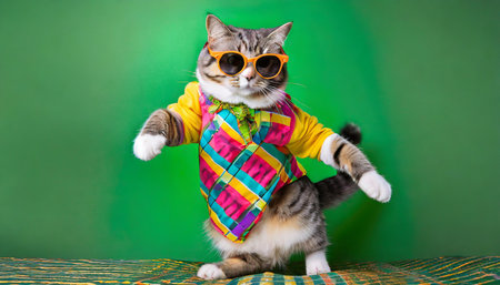 cat wearing colorful clothes and sunglasses dancing on the green backgroundの素材