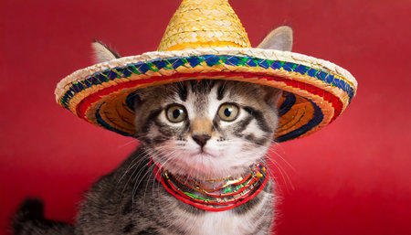 a cat in a sombrero on a red backgroundの素材