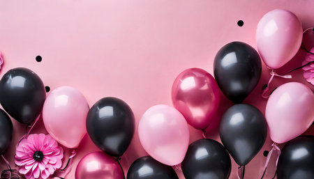 pink and black balloons on a pink background with space for textの素材