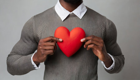 black man holding red heart on his chestの素材
