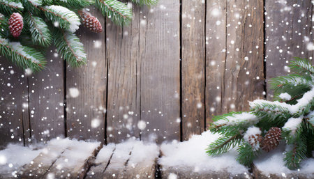 old wood texture with snow and firtreeの素材